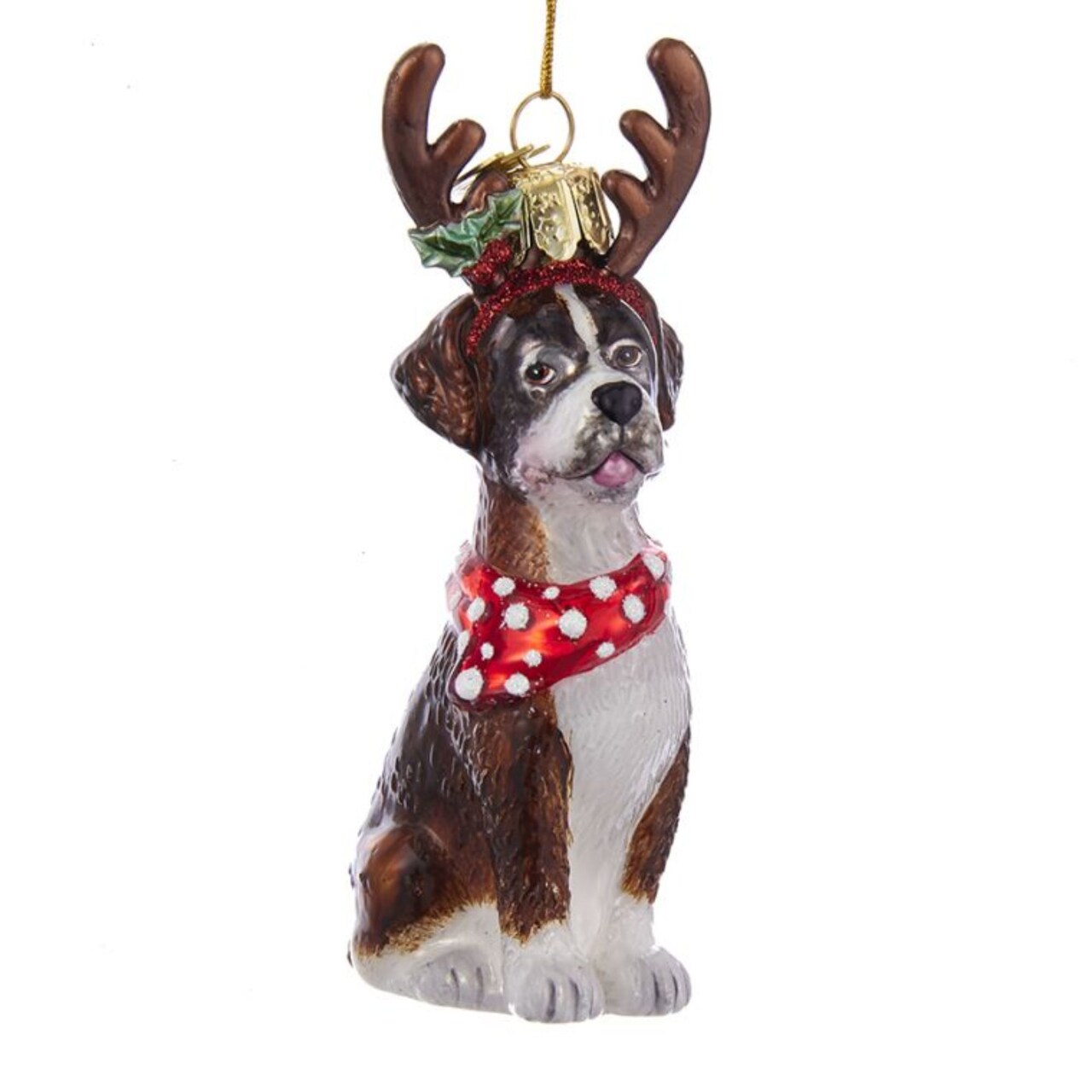 CC Christmas Decor Pack of 8 Boxer Dog with Antlers and Holly Plant Hanging Glass Ornaments 4"